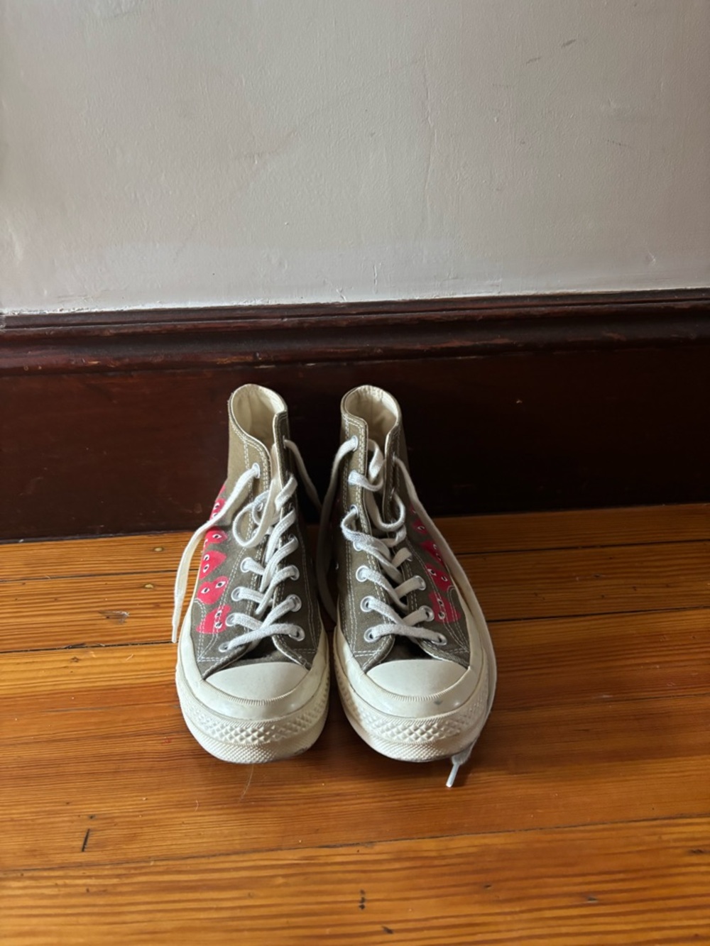 Converse Kids High-Top Sneakers in Olive with Pink Eyelet Accents